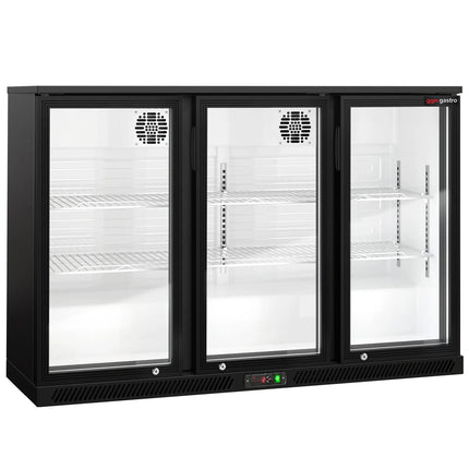 GGM Gastro Commercial Back Bar Cooler - 1350mm - 320L - with 3 glass hinged doors - Black - For UK