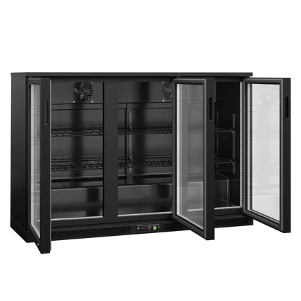 GGM Gastro Commercial Back Bar Cooler - 1350mm - 320L - with 3 glass hinged doors - Black