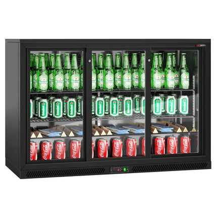 GGM Gastro Commercial Back Bar Cooler - 1350mm - 320L - with 3 glass sliding doors - Black