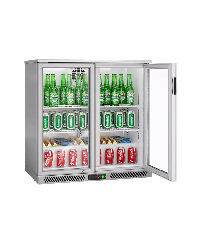 GGM Gastro Commercial Back Bar Cooler - 900mm - 220 litres - with 2 glass swing doors - Grey