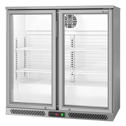 GGM Gastro Commercial Back Bar Cooler - 900mm - 220 litres - with 2 glass swing doors - Grey
