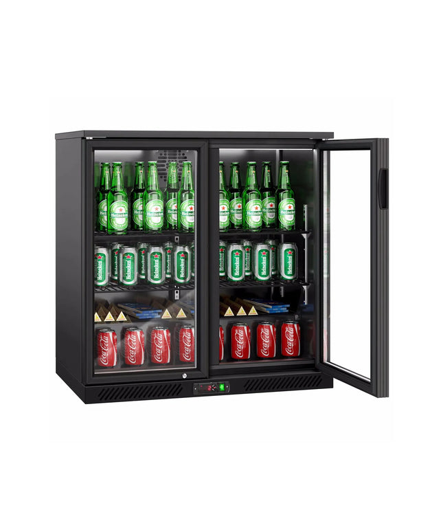 GGM Gastro Commercial Back Bar Cooler - 900mm - 220L - with 2 glass hinged doors - Black - For UK
