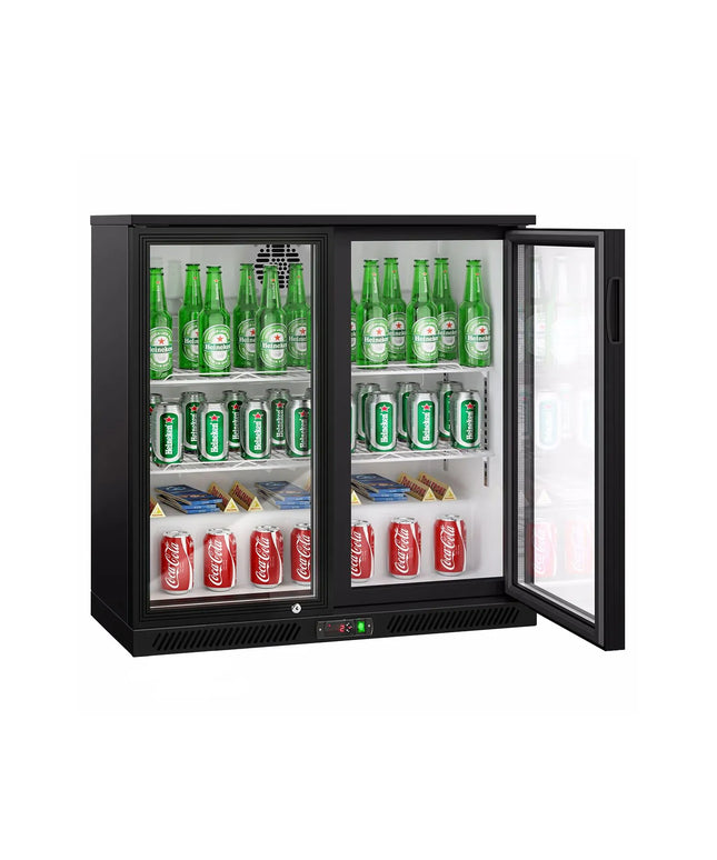 GGM Gastro Commercial Back Bar Cooler - 900mm - 220L - with 2 glass hinged doors - Black