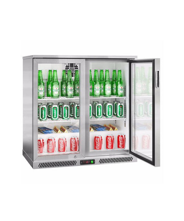 GGM Gastro Commercial Back Bar Cooler - 900mm - 220L - with 2 glass hinged doors - Stainless steel