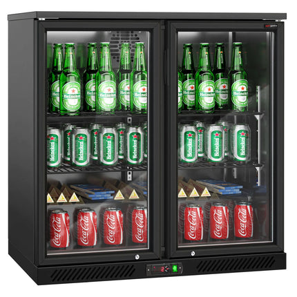 GGM Gastro Commercial Back Bar Cooler - 900mm - 220L - with 2 glass hinged doors - Black - For UK