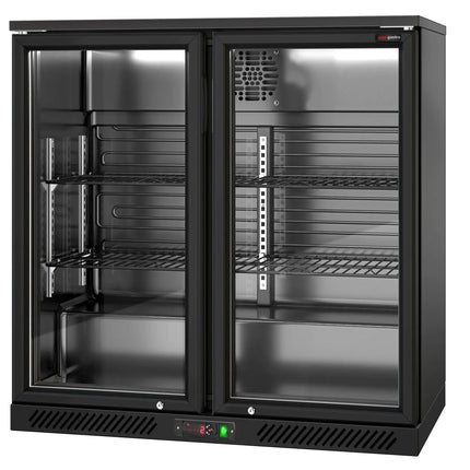 GGM Gastro Commercial Back Bar Cooler - 900mm - 220L - with 2 glass hinged doors - Black - For UK