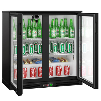 GGM Gastro Commercial Back Bar Cooler - 900mm - 220L - with 2 glass hinged doors - Black - For UK