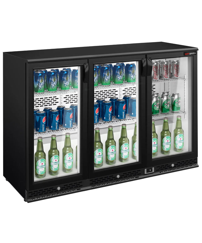 GGM Gastro Commercial Back Bar Cooler PREMIUM PLUS - 1350mm - 330L - with 3 glass hinged doors - Black