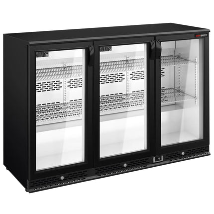 GGM Gastro Commercial Back Bar Cooler PREMIUM PLUS - 1350mm - 330L - with 3 glass hinged doors - Black