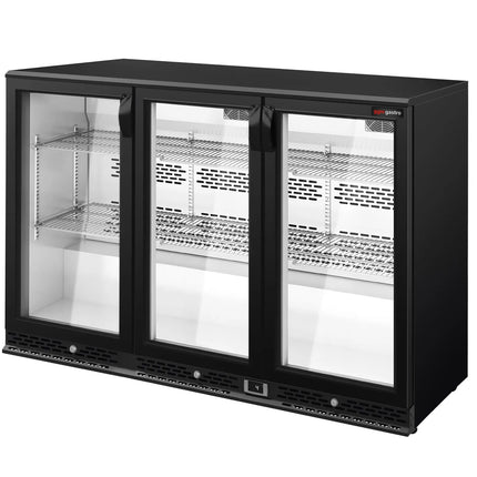 GGM Gastro Commercial Back Bar Cooler PREMIUM PLUS - 1350mm - 330L - with 3 glass hinged doors - Black