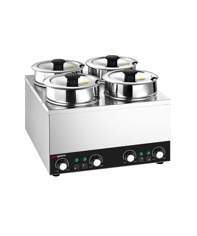 GGM Gastro Commercial Bain Marie Soup & Sauce Warmer - Wet Heat - 14L - 600W - 4 Round Pots with each 3,5L