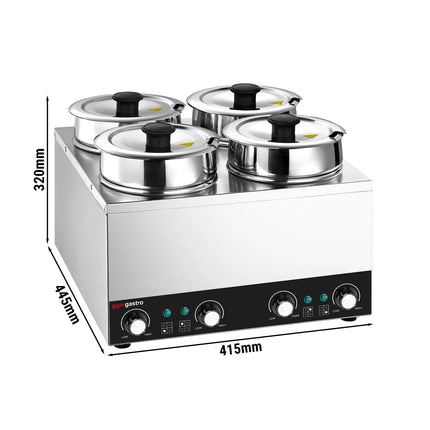 GGM Gastro Commercial Bain Marie Soup & Sauce Warmer - Wet Heat - 14L - 600W - 4 Round Pots with each 3,5L