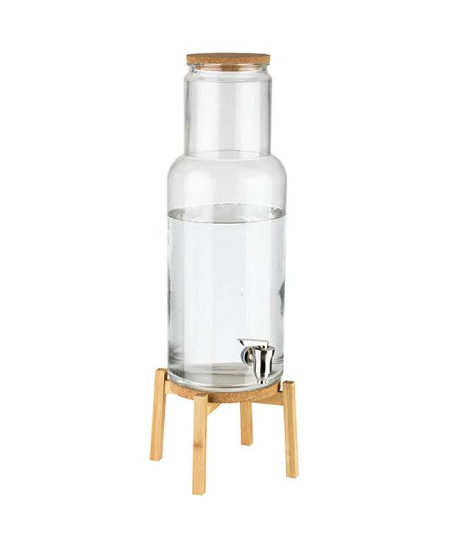 GGM Gastro Commercial Beverage Dispenser / Glass Drinks Dispenser - NORDIC WOOD - glass jar with clip-top & stainless-steel tap - 7.5 Litres - incl. wire stand & cork coaster