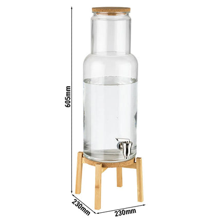 GGM Gastro Commercial Beverage Dispenser / Glass Drinks Dispenser - NORDIC WOOD - glass jar with clip-top & stainless-steel tap - 7.5 Litres - incl. wire stand & cork coaster