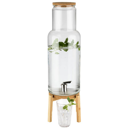 GGM Gastro Commercial Beverage Dispenser / Glass Drinks Dispenser - NORDIC WOOD - glass jar with clip-top & stainless-steel tap - 7.5 Litres - incl. wire stand & cork coaster