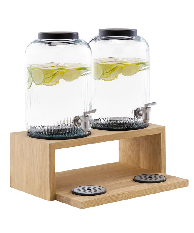 GGM Gastro Commercial Beverage Dispenser / Glass Drinks Dispenser - VALO - (3 pcs) Set - 2x stainless-steel containers with tap on oak base - 2x 7 Litres - incl. stand