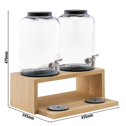 GGM Gastro Commercial Beverage Dispenser / Glass Drinks Dispenser - VALO - (3 pcs) Set - 2x stainless-steel containers with tap on oak base - 2x 7 Litres - incl. stand