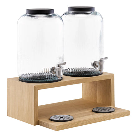 GGM Gastro Commercial Beverage Dispenser / Glass Drinks Dispenser - VALO - (3 pcs) Set - 2x stainless-steel containers with tap on oak base - 2x 7 Litres - incl. stand