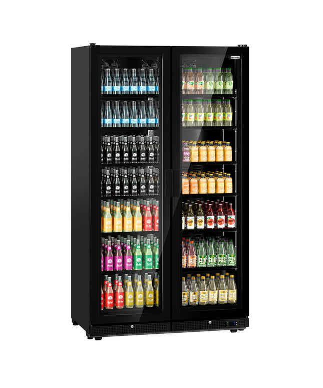 GGM Gastro Commercial Beverage Display Fridge - 1200mm - 760 Litres - with 2 hinged glass doors - LED lighting - Temperature range 1 to 10 °C - Black
