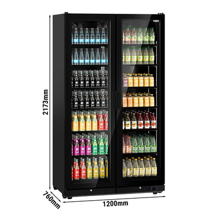 GGM Gastro Commercial Beverage Display Fridge - 1200mm - 760 Litres - with 2 hinged glass doors - LED lighting - Temperature range 1 to 10 °C - Black