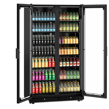 GGM Gastro Commercial Beverage Display Fridge - 1200mm - 760 Litres - with 2 hinged glass doors - LED lighting - Temperature range 1 to 10 °C - Black