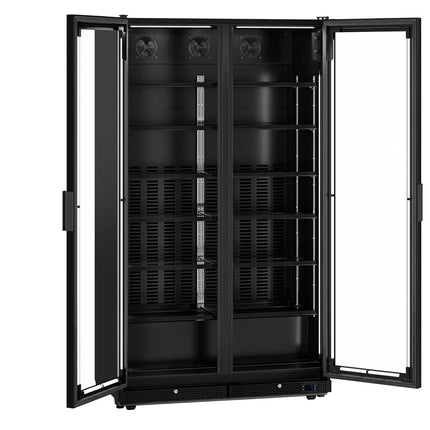 GGM Gastro Commercial Beverage Display Fridge - 1200mm - 760 Litres - with 2 hinged glass doors - LED lighting - Temperature range 1 to 10 °C - Black
