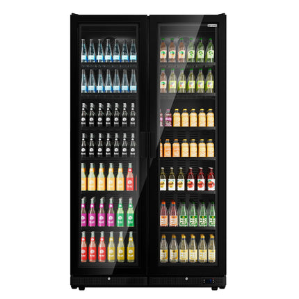 GGM Gastro Commercial Beverage Display Fridge - 1200mm - 760 Litres - with 2 hinged glass doors - LED lighting - Temperature range 1 to 10 °C - Black