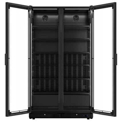 GGM Gastro Commercial Beverage Display Fridge - 1200mm - 760 Litres - with 2 hinged glass doors - LED lighting - Temperature range 1 to 10 °C - Black