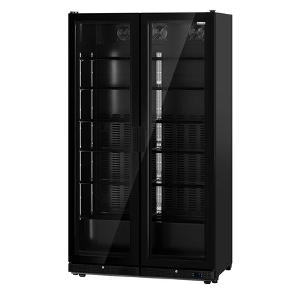 GGM Gastro Commercial Beverage Display Fridge - 1200mm - 760 Litres - with 2 hinged glass doors - LED lighting - Temperature range 1 to 10 °C - Black