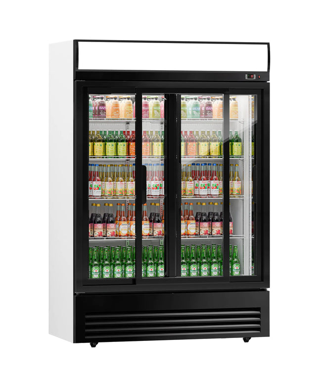 GGM Gastro Commercial Beverage Display Fridge - 1295mm - 880 Litres - with 2 sliding glass doors - LED lighting - digital controller with temperature display - Black - Temperature range 2 to 8 °C