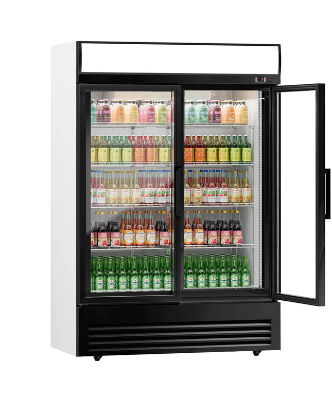 GGM Gastro Commercial Beverage Display Fridge - 1295mm - 880 Litres - with 2 hinged glass doors - LED lighting - digital controller with temperature display - Black - Temperature range 2 to 8 °C