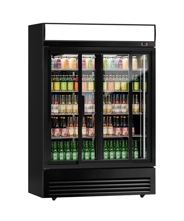 GGM Gastro Commercial Beverage Display Fridge - 1295mm - 880 Litres - with 2 sliding glass doors - LED lighting - digital controller with temperature display - Black - UK Plug - Temperature range 2 to 8 °C