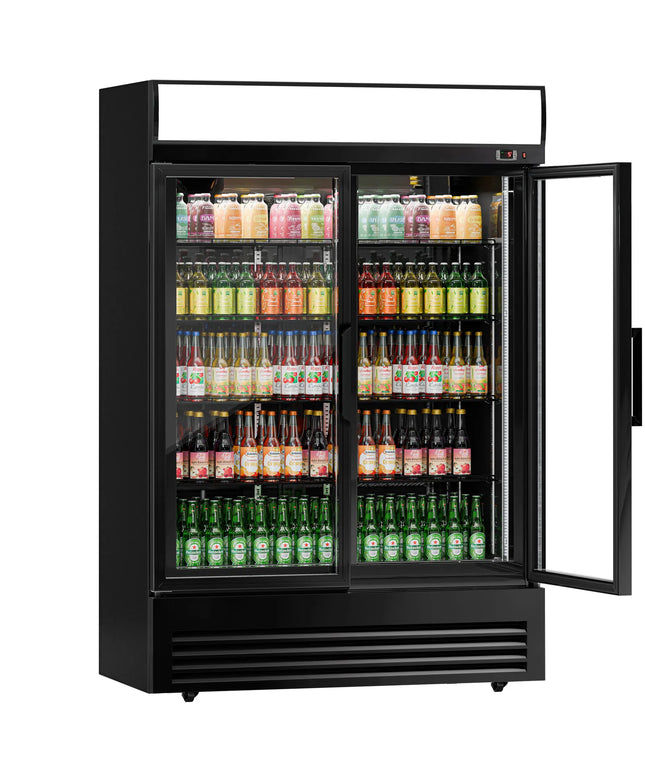 GGM Gastro Commercial Beverage Display Fridge - 1295mm - 880 Litres - with 2 hinged glass doors - LED lighting - digital controller with temperature display - Black - Temperature range 2 to 8 °C