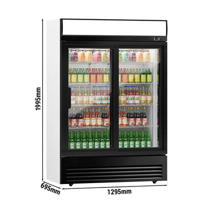 GGM Gastro Commercial Beverage Display Fridge - 1295mm - 880 Litres - with 2 sliding glass doors - LED lighting - digital controller with temperature display - Black - Temperature range 2 to 8 °C