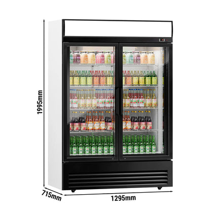 GGM Gastro Commercial Beverage Display Fridge - 1295mm - 880 Litres - with 2 hinged glass doors - LED lighting - digital controller with temperature display - Black - Temperature range 2 to 8 °C
