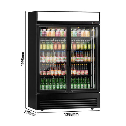 GGM Gastro Commercial Beverage Display Fridge - 1295mm - 880 Litres - with 2 hinged glass doors - LED lighting - digital controller with temperature display - Black - Temperature range 2 to 8 °C