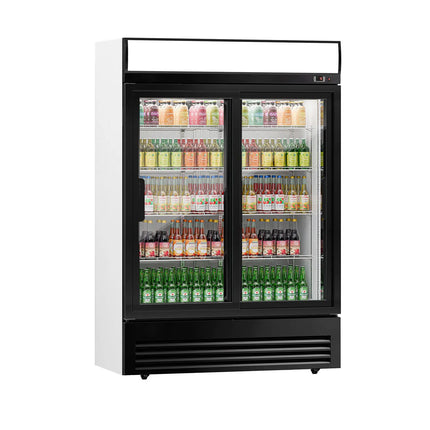 GGM Gastro Commercial Beverage Display Fridge - 1295mm - 880 Litres - with 2 sliding glass doors - LED lighting - digital controller with temperature display - Black - Temperature range 2 to 8 °C