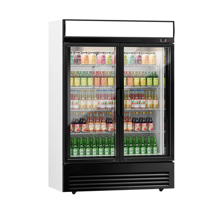 GGM Gastro Commercial Beverage Display Fridge - 1295mm - 880 Litres - with 2 hinged glass doors - LED lighting - digital controller with temperature display - Black - Temperature range 2 to 8 °C