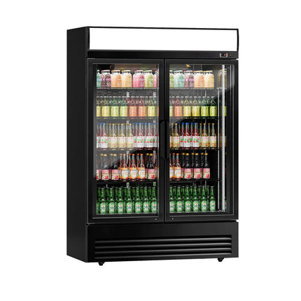 GGM Gastro Commercial Beverage Display Fridge - 1295mm - 880 Litres - with 2 hinged glass doors - LED lighting - digital controller with temperature display - Black - Temperature range 2 to 8 °C