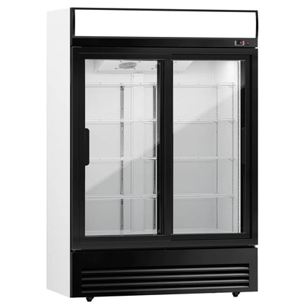 GGM Gastro Commercial Beverage Display Fridge - 1295mm - 880 Litres - with 2 sliding glass doors - LED lighting - digital controller with temperature display - Black - Temperature range 2 to 8 °C