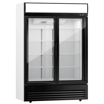 GGM Gastro Commercial Beverage Display Fridge - 1295mm - 880 Litres - with 2 hinged glass doors - LED lighting - digital controller with temperature display - Black - Temperature range 2 to 8 °C