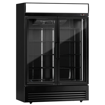 GGM Gastro Commercial Beverage Display Fridge - 1295mm - 880 Litres - with 2 hinged glass doors - LED lighting - digital controller with temperature display - Black - Temperature range 2 to 8 °C