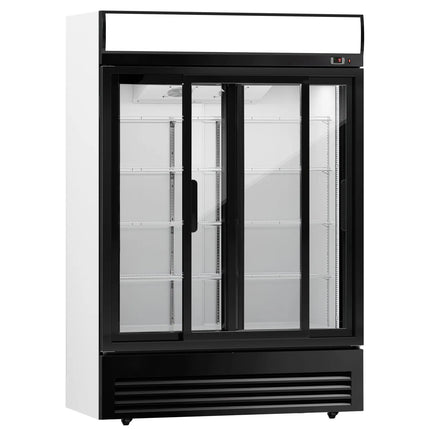 GGM Gastro Commercial Beverage Display Fridge - 1295mm - 880 Litres - with 2 sliding glass doors - LED lighting - digital controller with temperature display - Black - Temperature range 2 to 8 °C