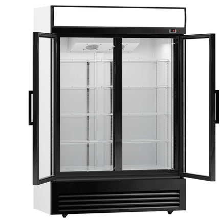 GGM Gastro Commercial Beverage Display Fridge - 1295mm - 880 Litres - with 2 hinged glass doors - LED lighting - digital controller with temperature display - Black - Temperature range 2 to 8 °C