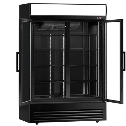 GGM Gastro Commercial Beverage Display Fridge - 1295mm - 880 Litres - with 2 hinged glass doors - LED lighting - digital controller with temperature display - Black - Temperature range 2 to 8 °C