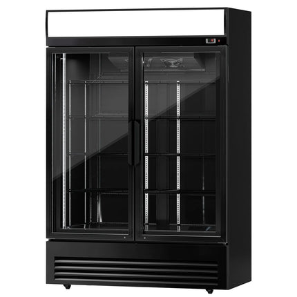 GGM Gastro Commercial Beverage Display Fridge - 1295mm - 880 Litres - with 2 hinged glass doors - LED lighting - digital controller with temperature display - Black - Temperature range 2 to 8 °C