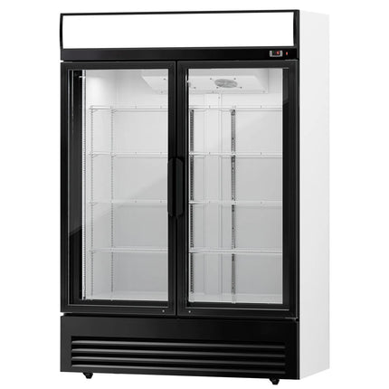 GGM Gastro Commercial Beverage Display Fridge - 1295mm - 880 Litres - with 2 hinged glass doors - LED lighting - digital controller with temperature display - Black - Temperature range 2 to 8 °C