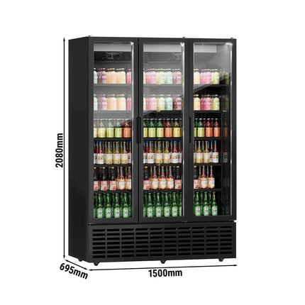 GGM Gastro Commercial Beverage Display Fridge - 1500mm - 1500 Litres - with 3 hinged glass doors - LED lighting - Black - Temperature range 1 to 9 °C