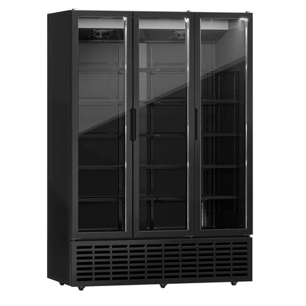 GGM Gastro Commercial Beverage Display Fridge - 1500mm - 1500 Litres - with 3 hinged glass doors - LED lighting - Black - Temperature range 1 to 9 °C