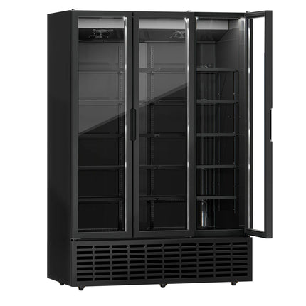 GGM Gastro Commercial Beverage Display Fridge - 1500mm - 1500 Litres - with 3 hinged glass doors - LED lighting - Black - Temperature range 1 to 9 °C